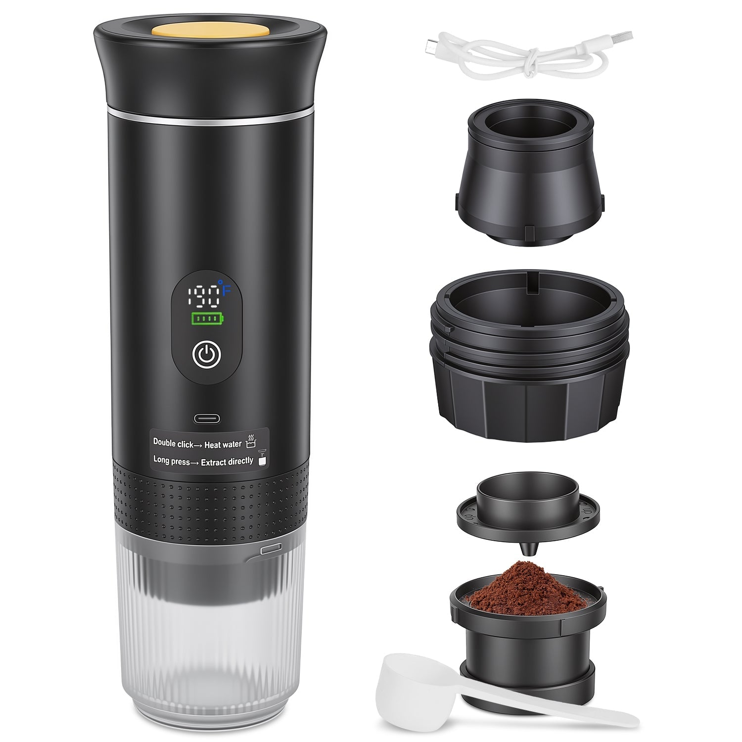 Portable espresso machine with 3-in-1 brewing support and self-heating system for cordless coffee making.