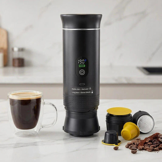 Versatile 3-in-1 portable espresso machine, brews with capsules or ground coffee. Fast self-heating system in 5-6 minutes.