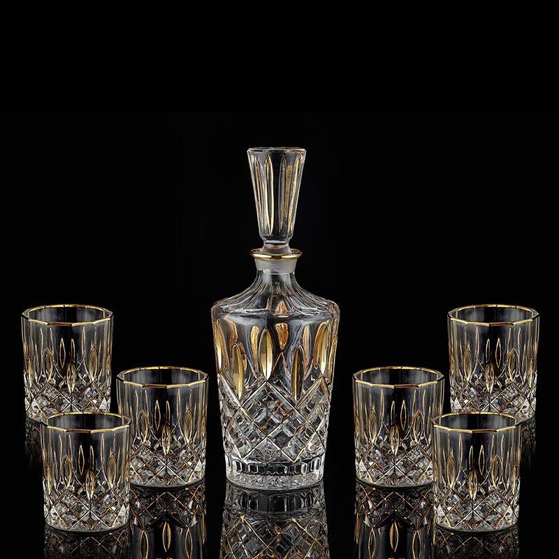 Elegant crystal glass whisky set with four tumblers and a decanter, perfect for home bar or entertaining.