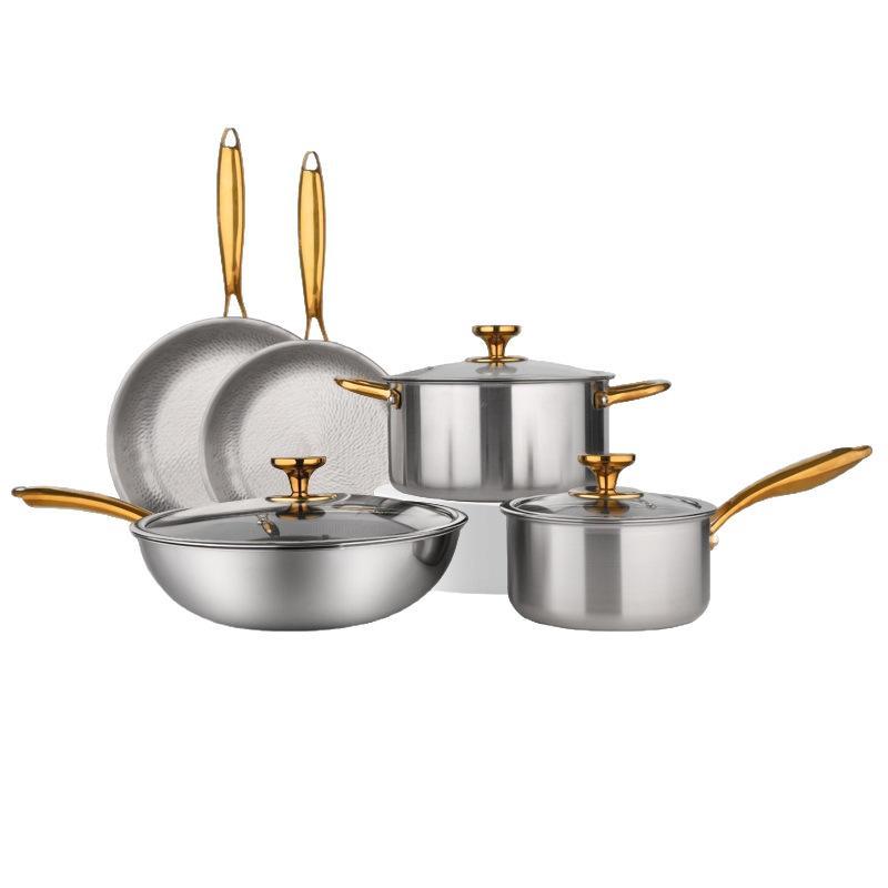 Household Pure Titanium Cookware Set With Gold-plated Handles Frying Pan - stcraftdigital