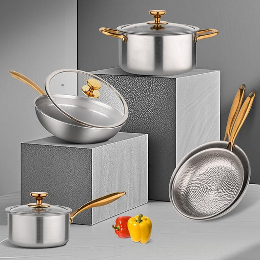 Household Pure Titanium Cookware Set With Gold-plated Handles Frying Pan - stcraftdigital