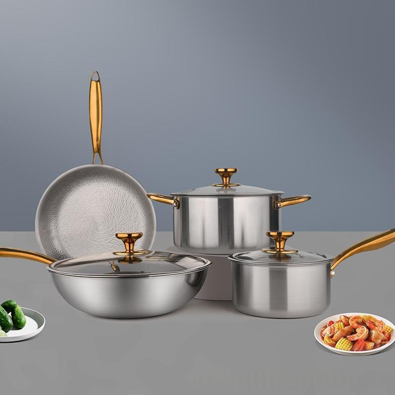 Household Pure Titanium Cookware Set With Gold-plated Handles Frying Pan - stcraftdigital