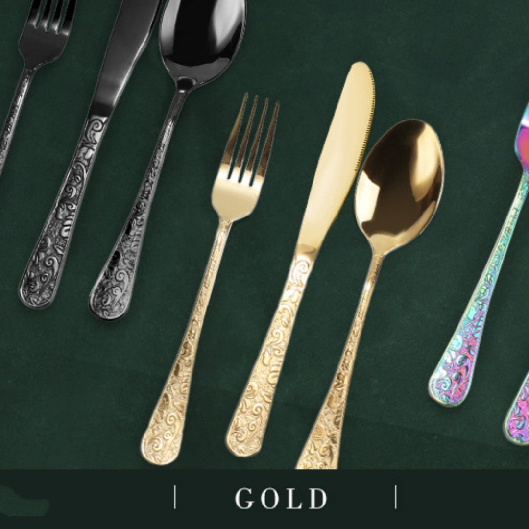 Minimalist Home Use Stainless Steel Embossed Knife Fork And Spoon Set - stcraftdigital
