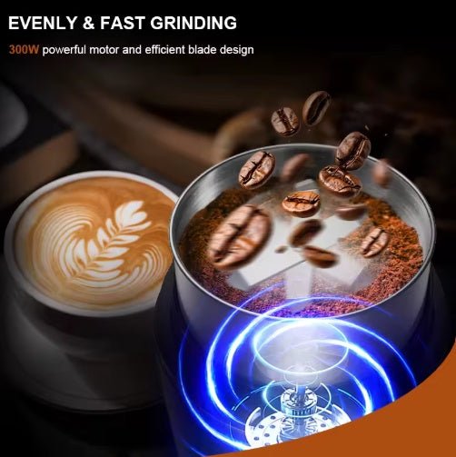 Stcraftdigital professional coffee grinder with removable stainless steel cup, used for coffee beans, spices, herbs, and grains.